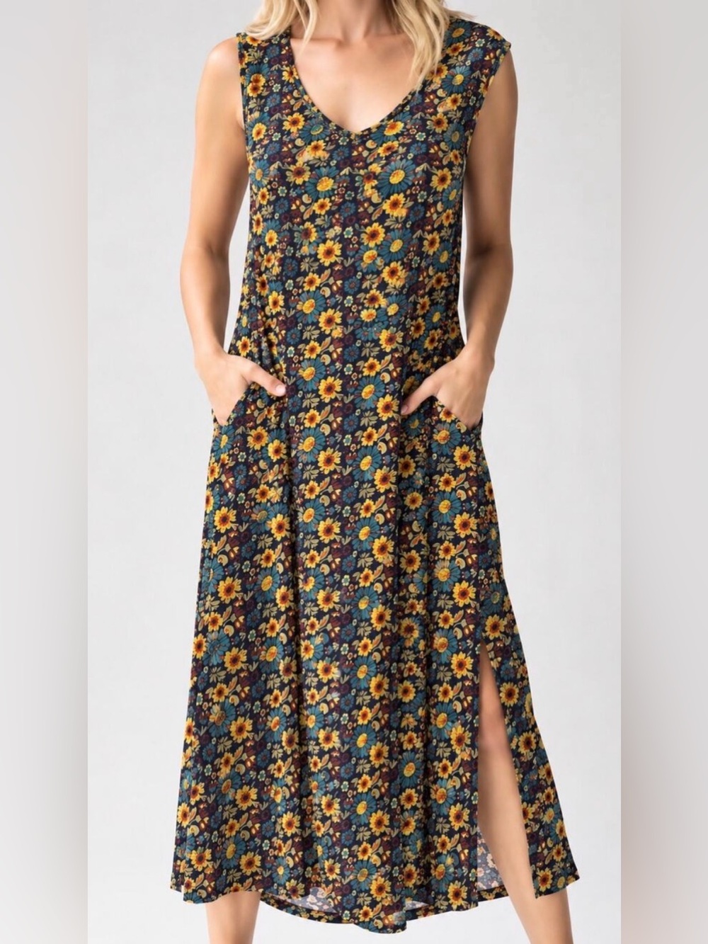 Natural Life Floral Midi Dress Boho Daisy Multicolor XS/Small Sundress Pockets